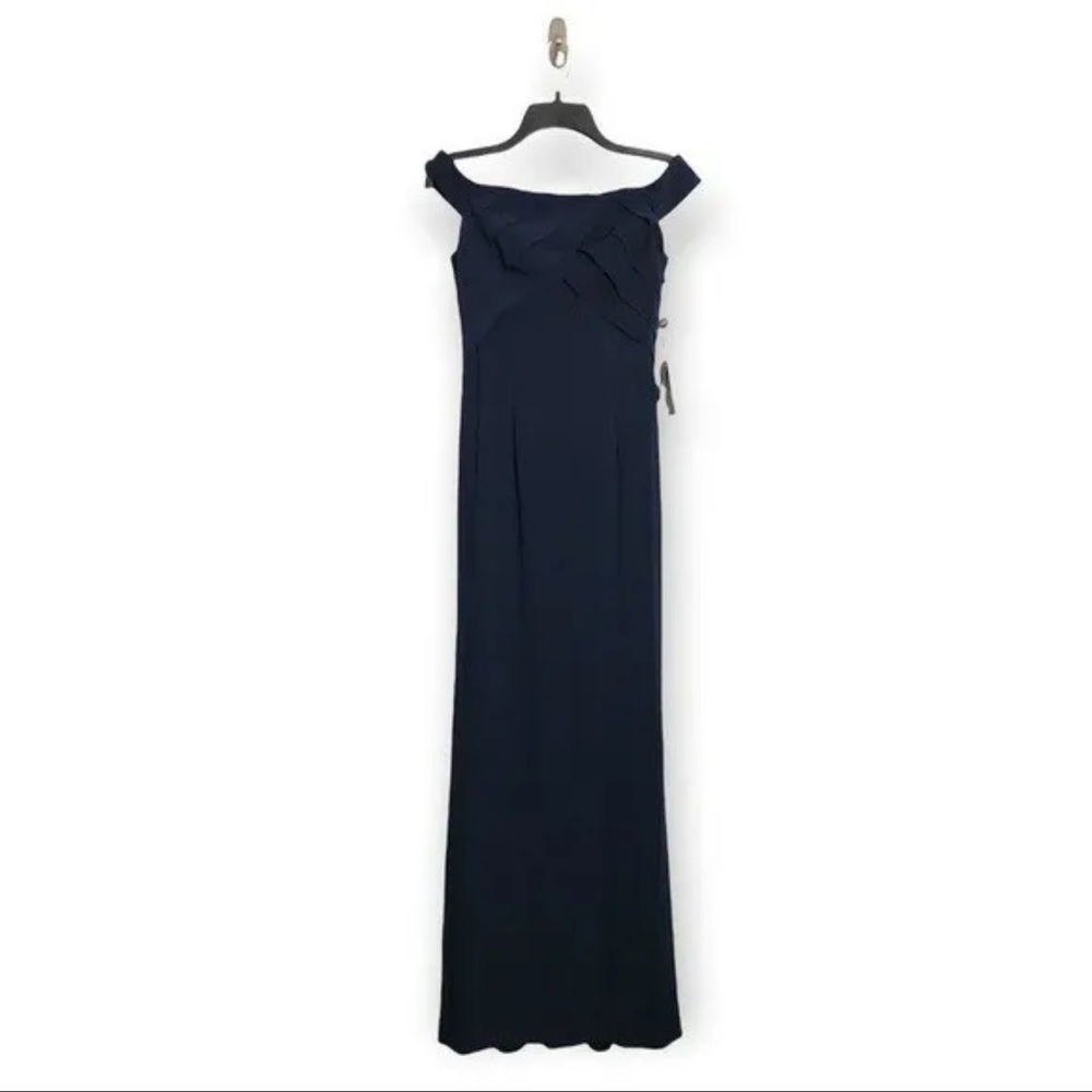064 NWT Adrianna Papell Drop Shoulder A-Line Jersey Gown Navy 4